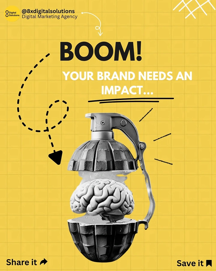 Agency creative ad: Brain-grenade collage, 'BOOM' impact metaphor