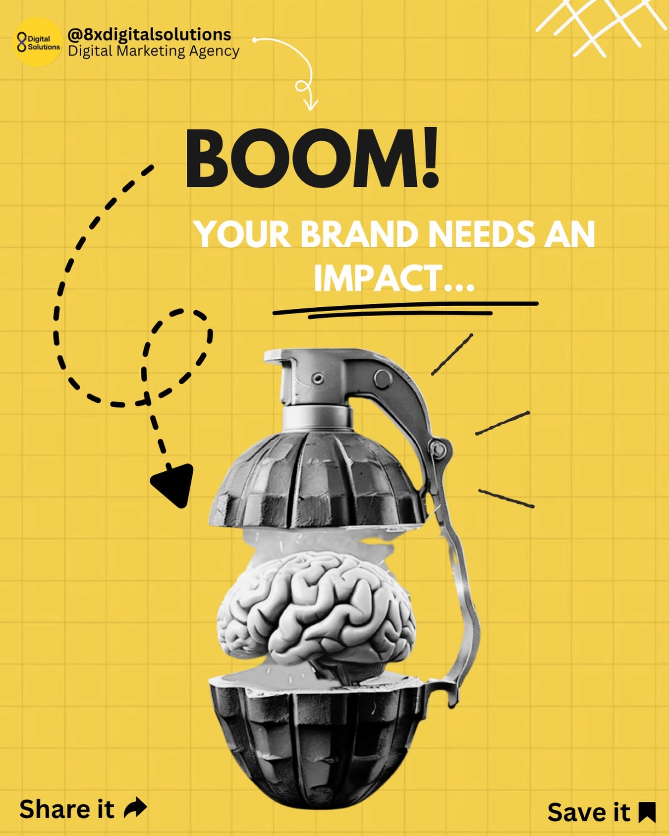 Instagram post: Brain-grenade collage, 'BOOM' impact metaphor
