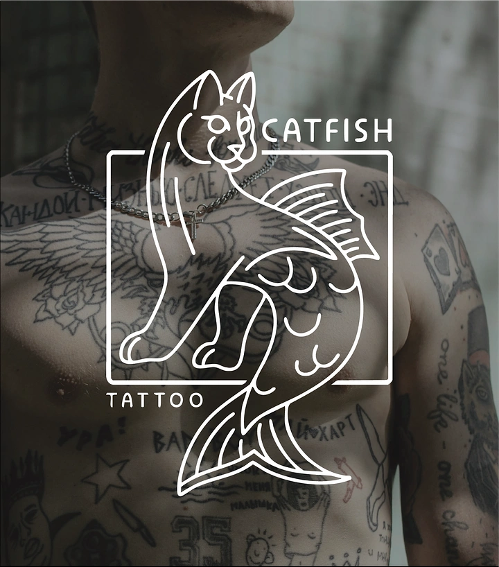 Tattoo Studios creative ad: Catfish pun: cat-fish hybrid line logo