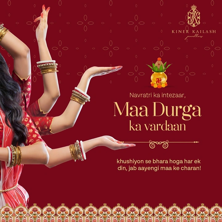 Navratri creative ad: Woman in a red-white saree with multiple arms in a Durga pose, wearing bangles
