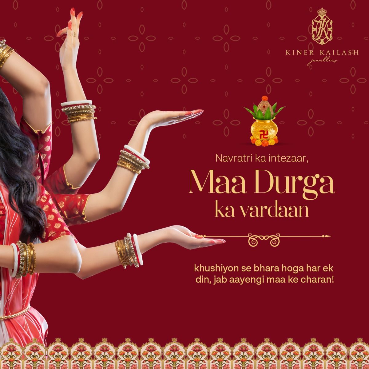Woman in a red-white saree with multiple arms in a Durga pose, wearing bangles