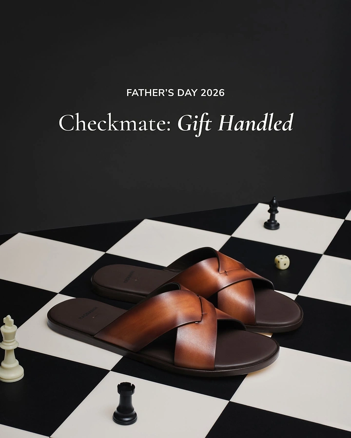 Father's Day creative ad: Tan leather criss-cross slides on a black-and-white chessboard