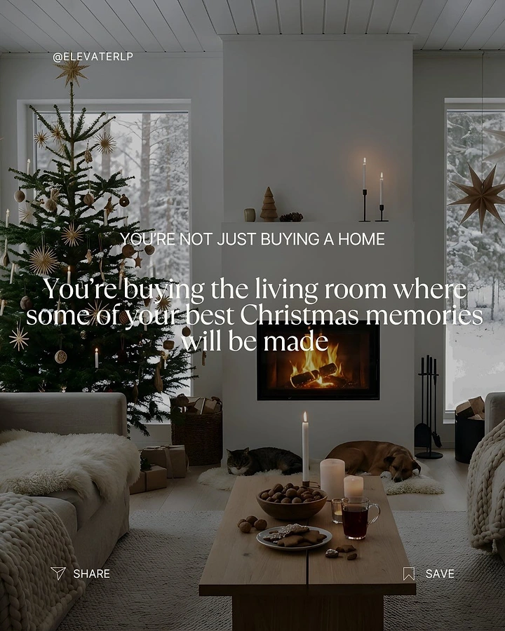 Christmas creative ad: Scandinavian living room with fireplace and Christmas tree