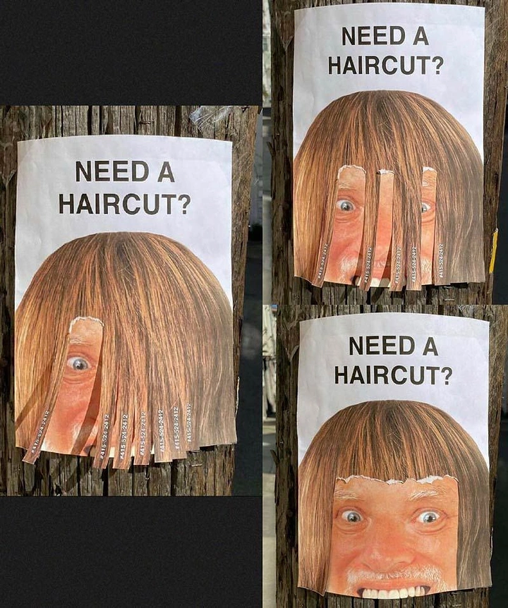 Barber Shops creative ad: Tear-off flyer where hair-fringe tabs reveal a face beneath
