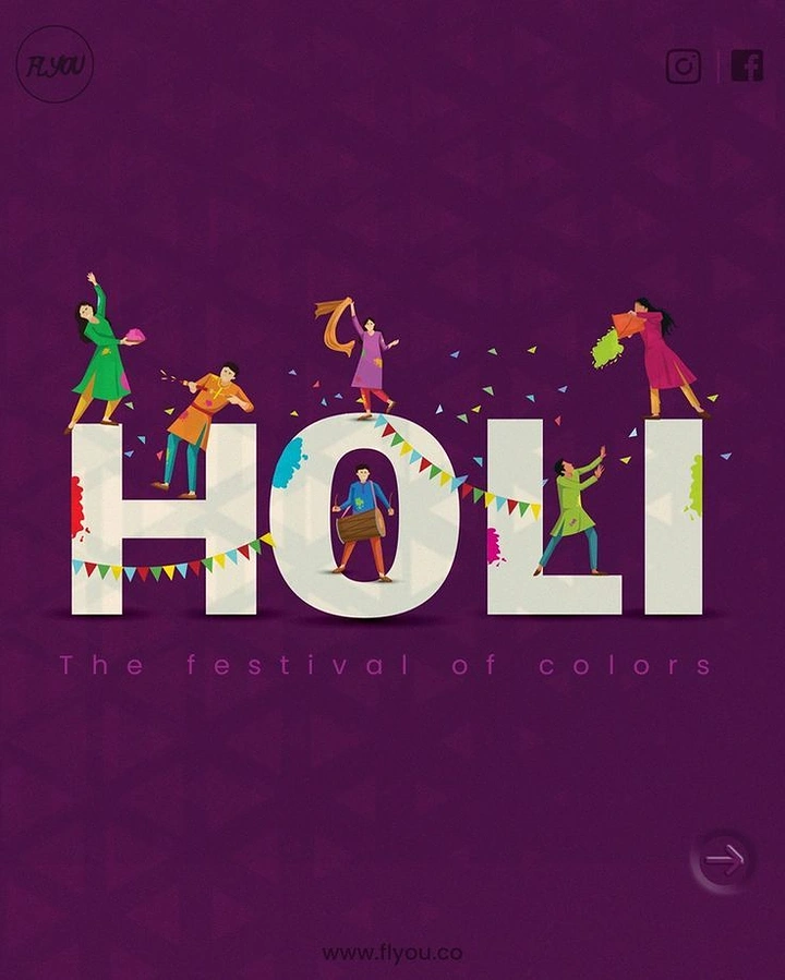 Holi creative ad: Tiny illustrated revellers playing Holi on giant HOLI letters