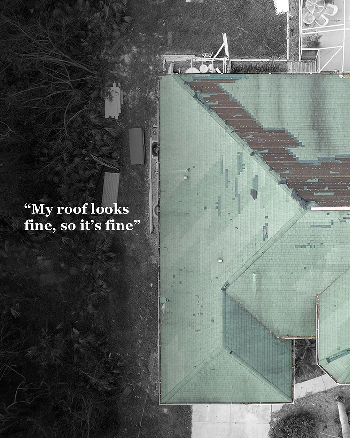 Roofing creative ad: Aerial damaged roof, ironic denial quote