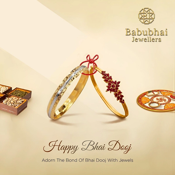 Bhai Dooj creative ad: Two gold bangles leaning together, tied with red thread