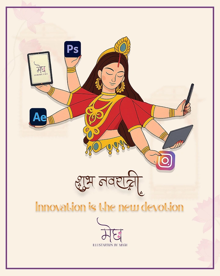 Navratri creative ad: Illustrated multi-armed goddess holding design tools and app icons