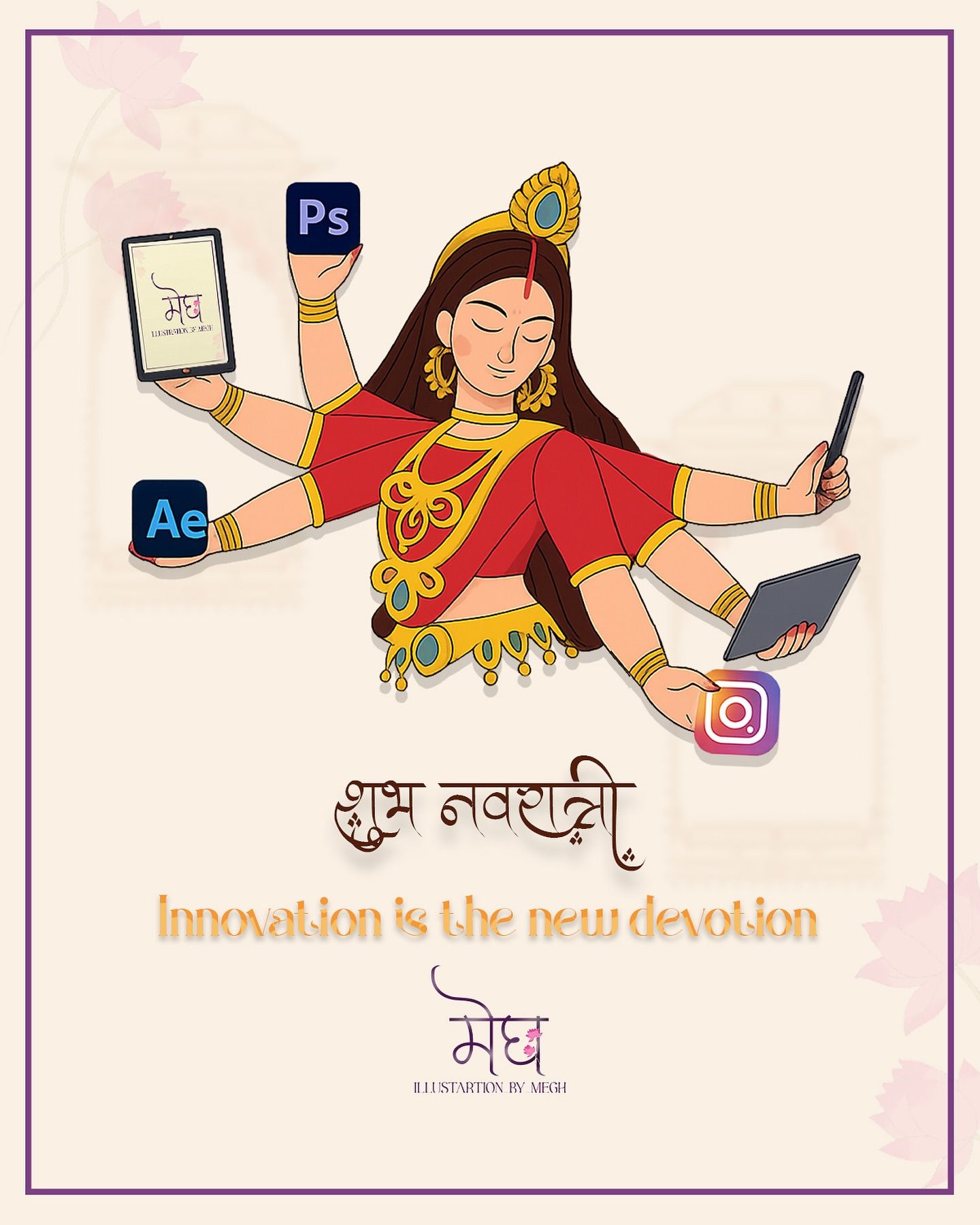 Illustrated multi-armed goddess holding design tools and app icons