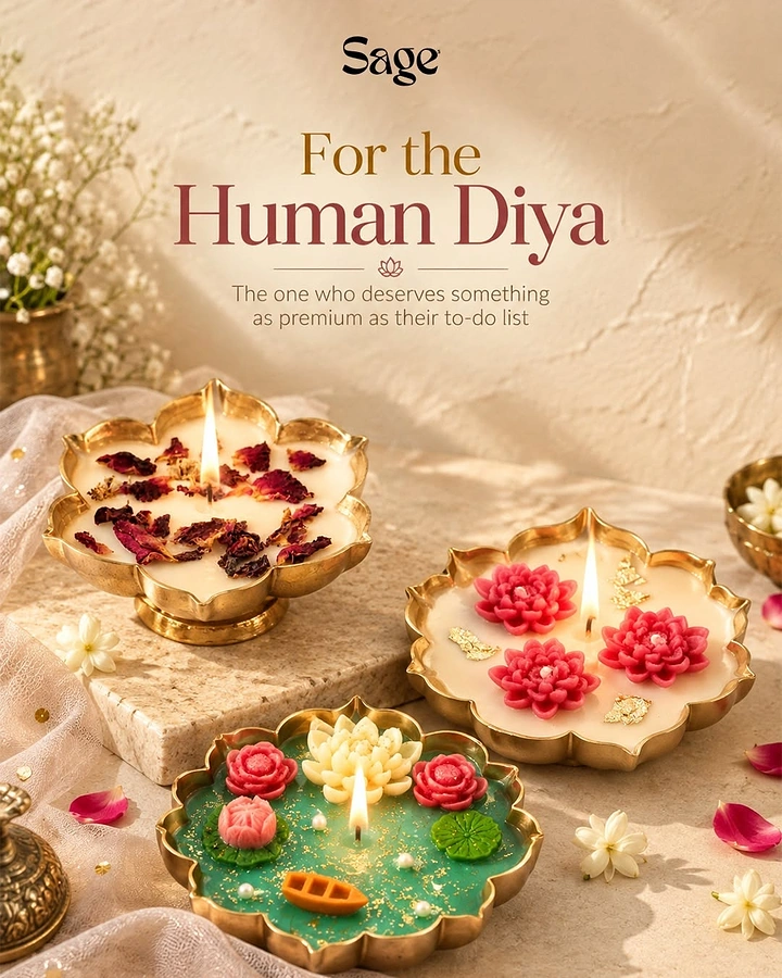 Diwali creative ad: Three brass scalloped bowl candles with wax flowers