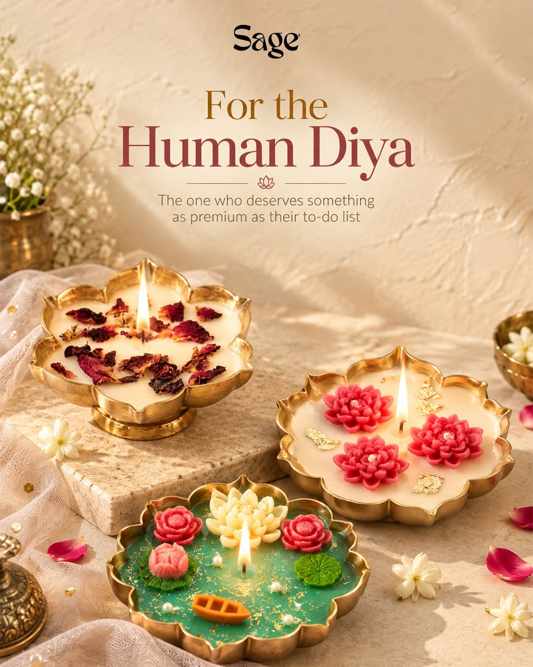 Diwali Instagram post: Three brass scalloped bowl candles with wax flowers