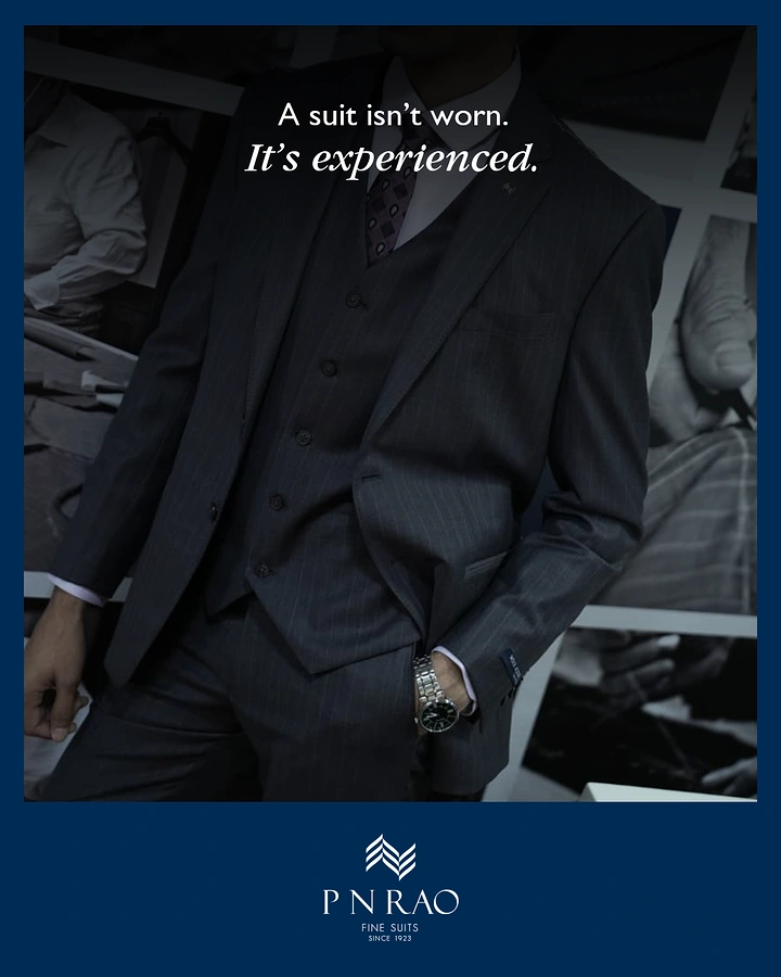 Men's Suits & Formal Wear creative ad: Experiential suit copy with moody image
