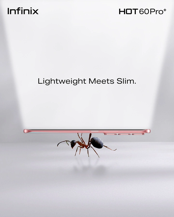 Telecom creative ad: An ant carrying an ultra-slim pink smartphone seen edge-on
