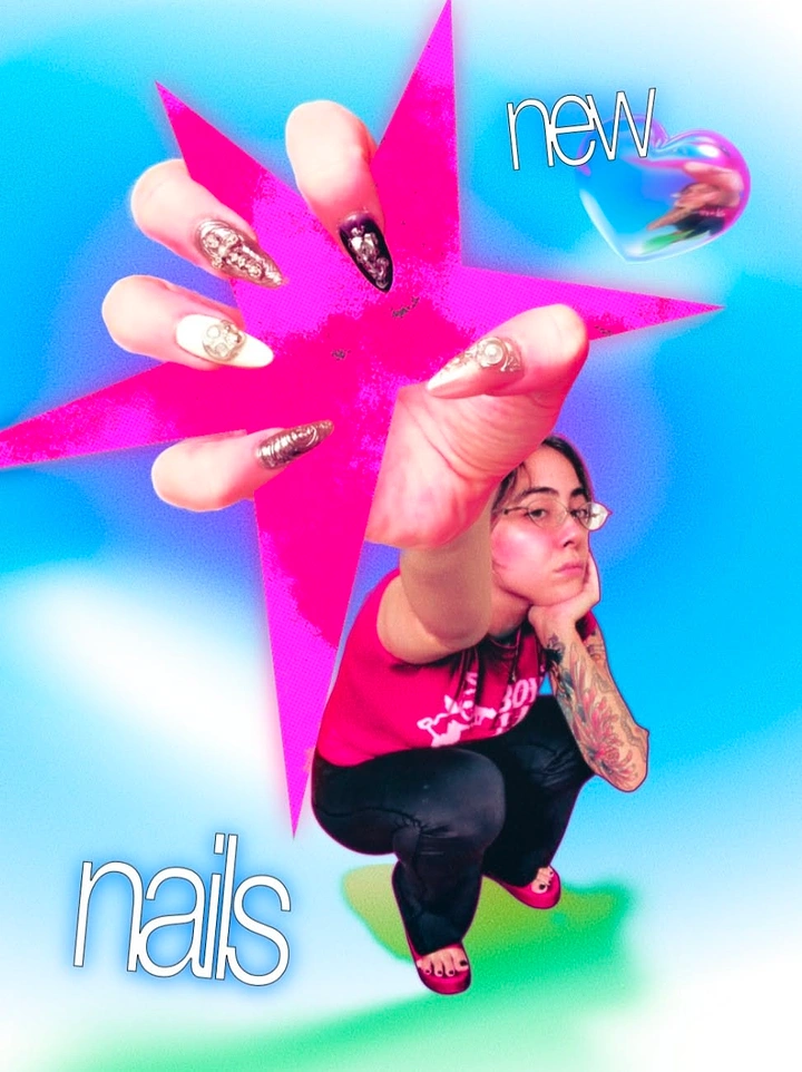 Nail Salons creative ad: Y2K collage, giant nail hand bursting forward