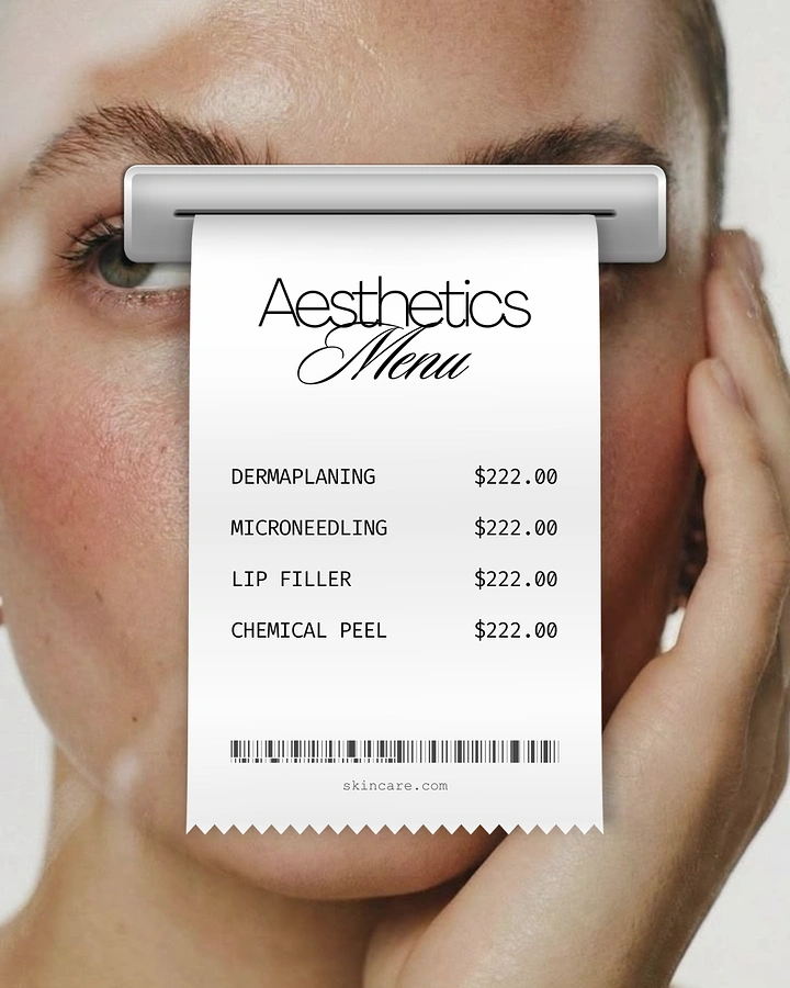 Spa & Massage creative ad: A receipt-style price menu printing out over a woman's face