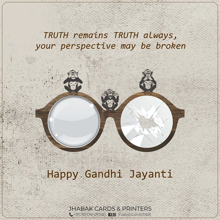 Gandhi Jayanti creative ad: Gandhi-style wooden round glasses with one shattered lens and three monkeys