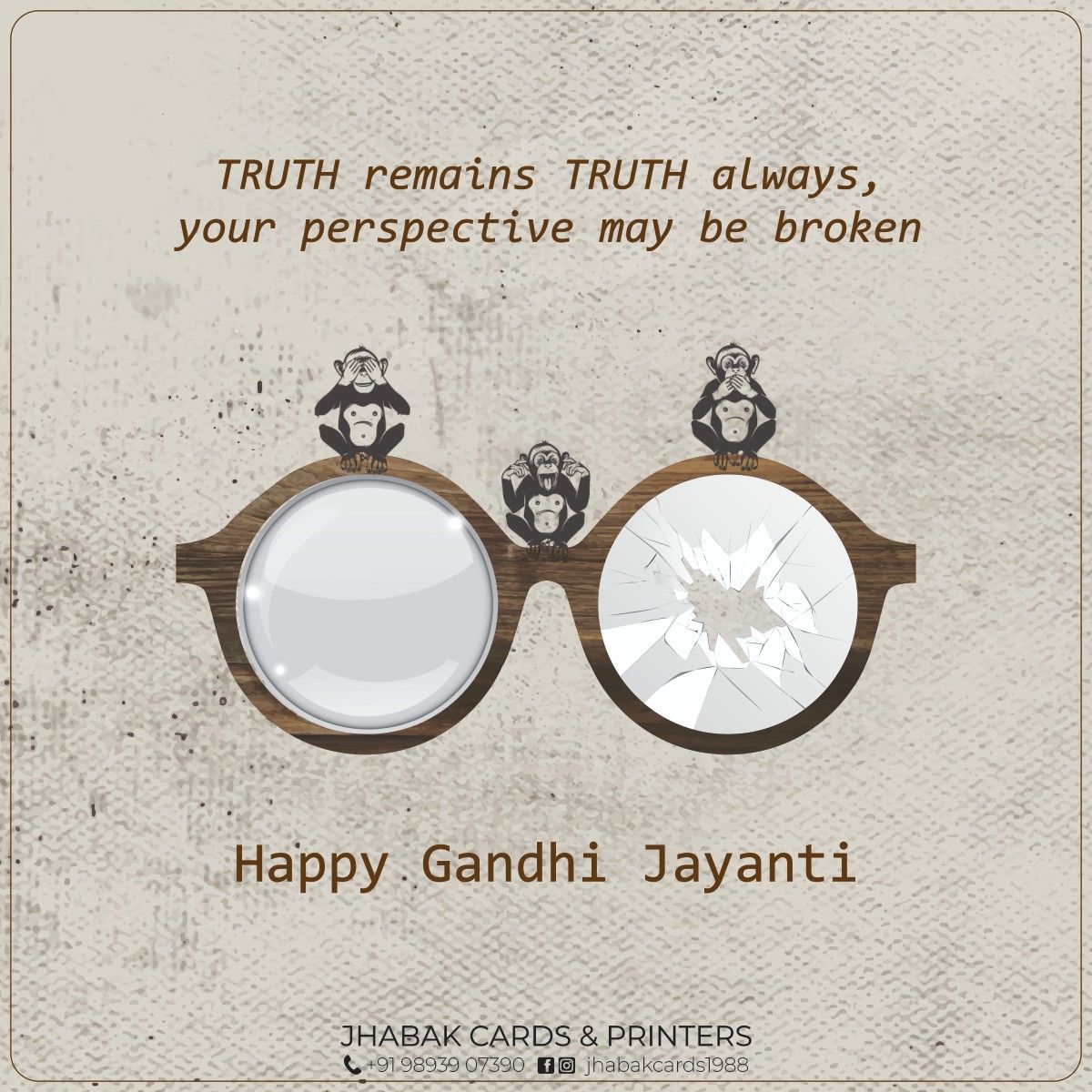 Gandhi Jayanti Instagram post: Gandhi-style wooden round glasses with one shattered lens and three monkeys