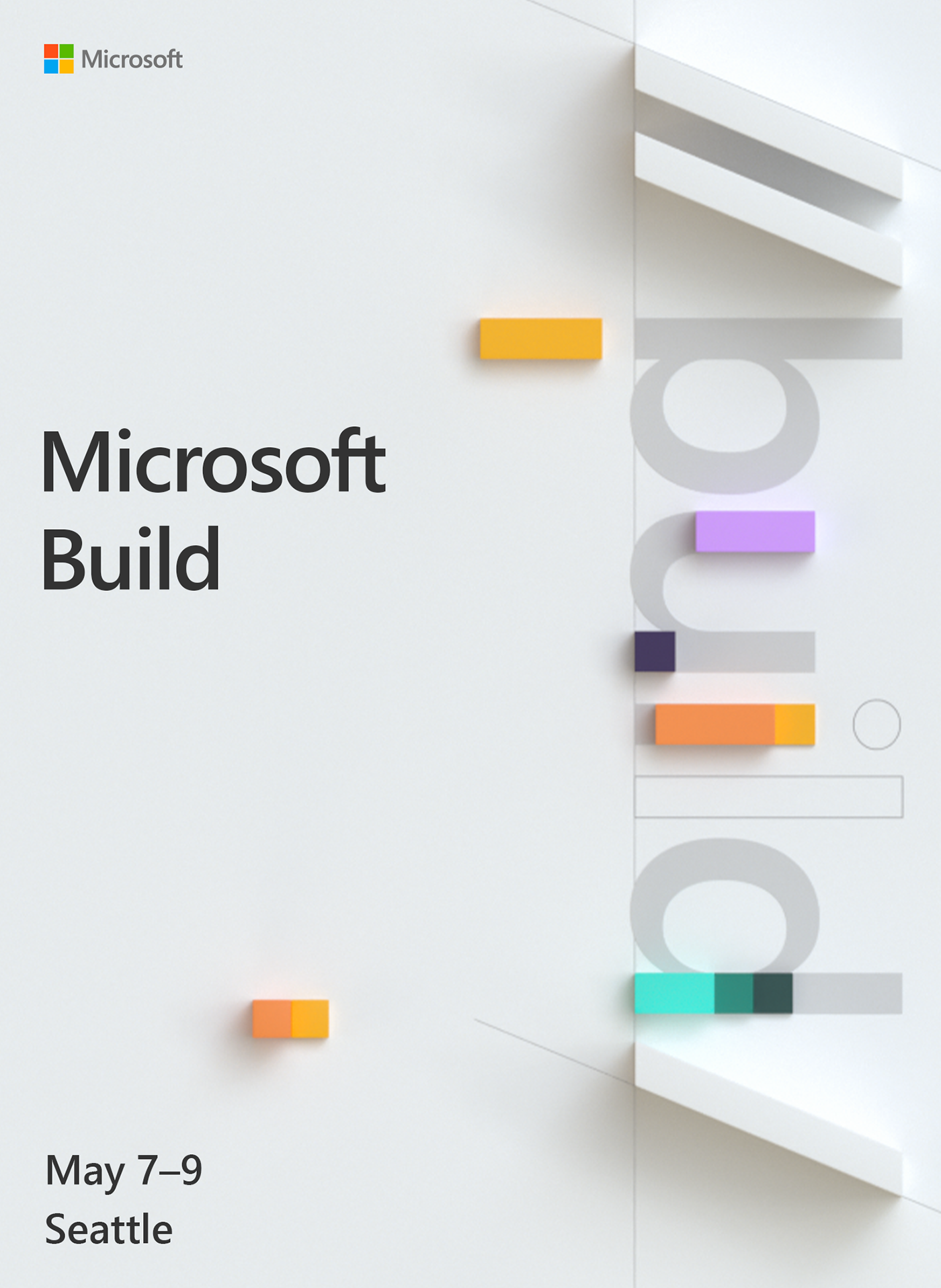 Poster: Extruded white 3D wordmark with floating colour blocks