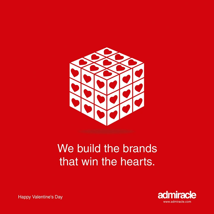 Valentine's Day creative ad: Isometric white Rubik's cube with a heart on every tile