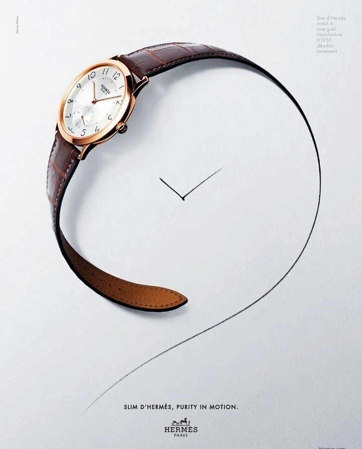 Creative ad: Rose gold watch whose strap flows into a hand-drawn spiral with sketched clock hands