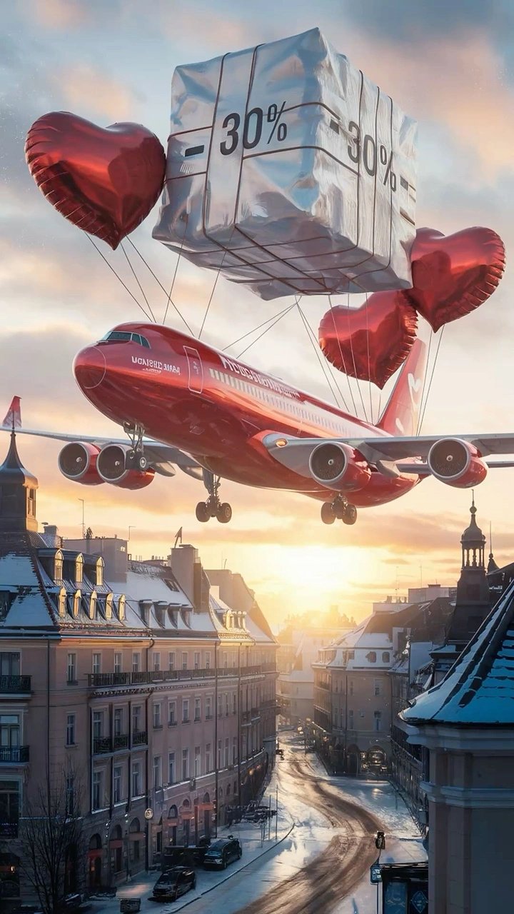 Valentine's Day creative ad: Red airliner lifted by red heart foil balloons and a silver discount parcel over a snowy city
