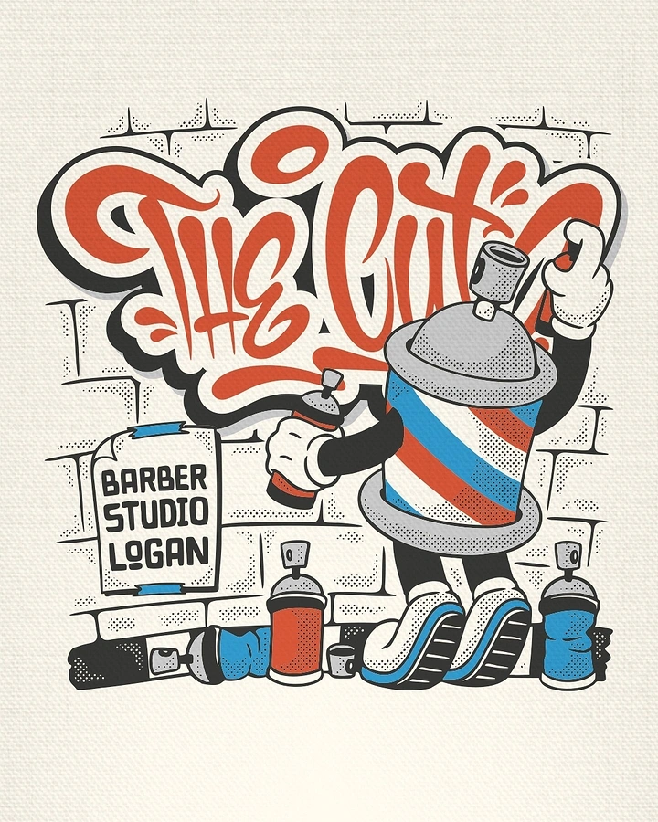 Barber Shops creative ad: Barber-pole mascot spray-painting graffiti