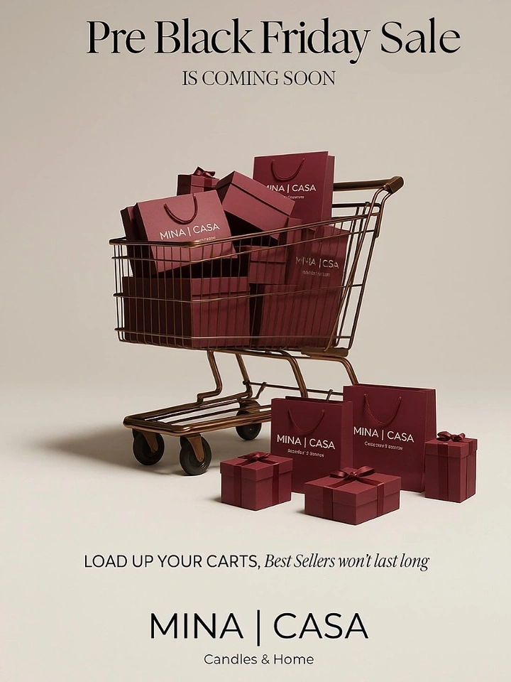 Black Friday creative ad: Bronze shopping cart overflowing with burgundy branded bags and gift boxes