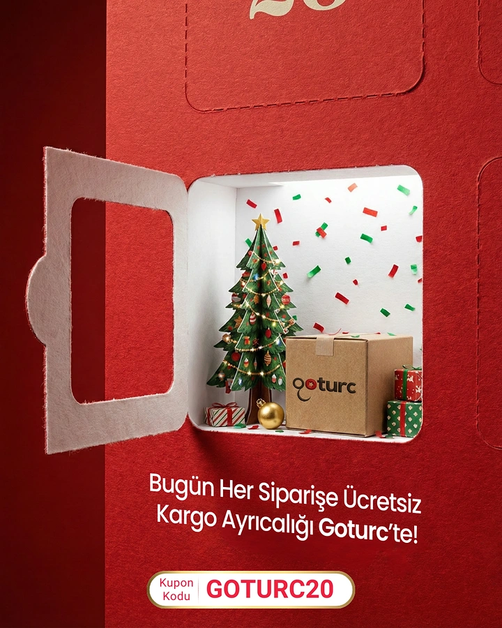 Christmas creative ad: Opened advent calendar door revealing a miniature Christmas scene with a shipping box