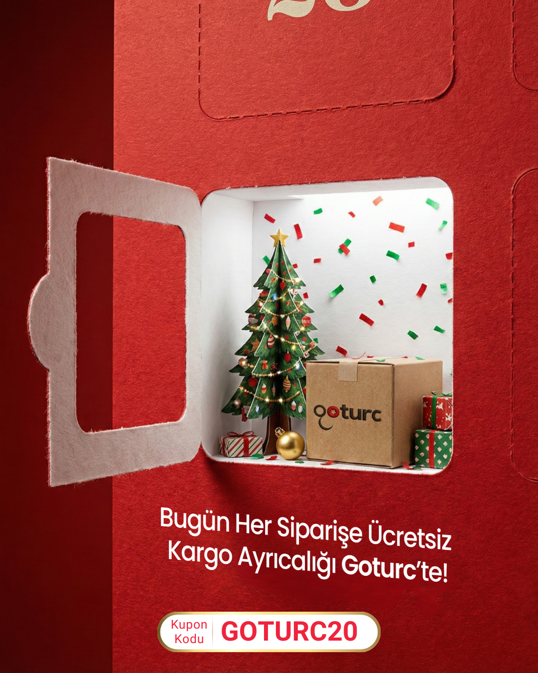 Opened advent calendar door revealing a miniature Christmas scene with a shipping box