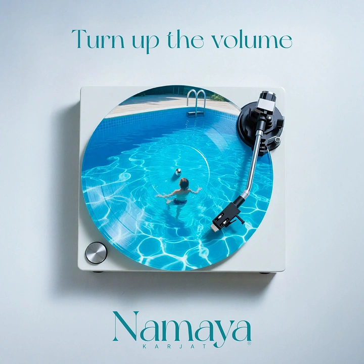 Real Estate creative ad: White turntable whose vinyl platter is a top-down swimming pool with a swimmer