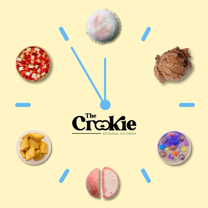 New Year creative ad: Clock face made of desserts with hands near midnight
