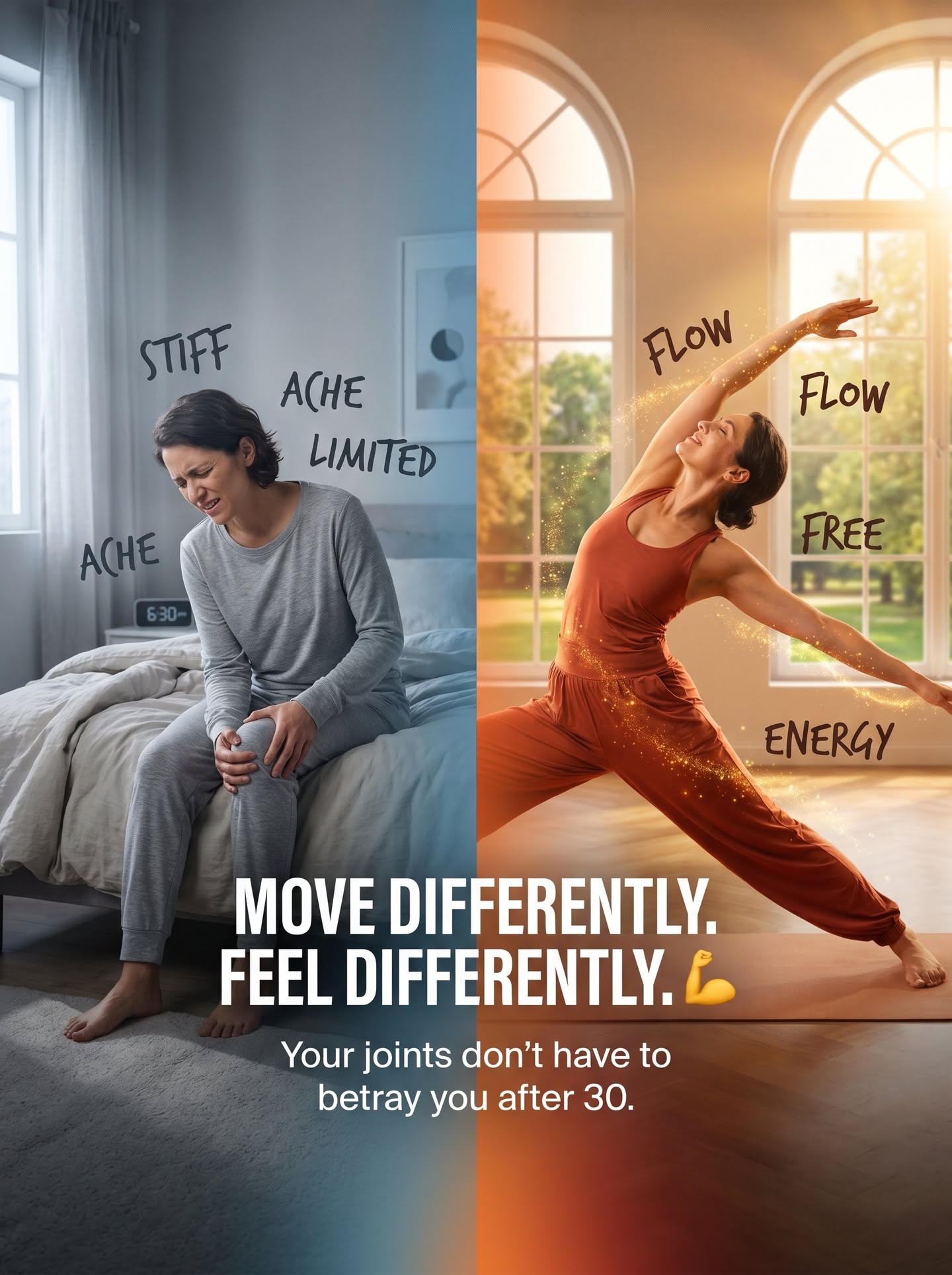Instagram post: Split-screen woman with knee pain vs woman in energetic yoga stretch