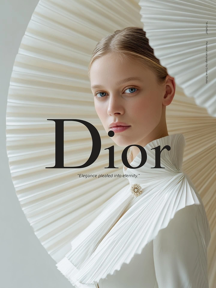 Creative ad: Model framed by giant pleated ivory fans and a pleated collar