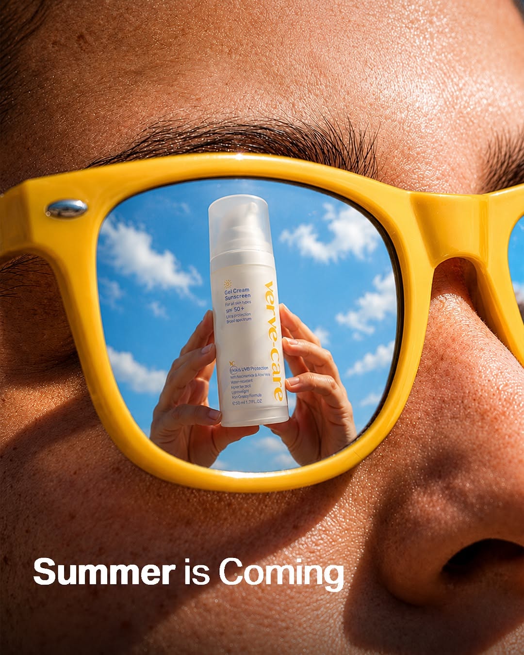 Sunscreen bottle reflected in yellow sunglasses lens