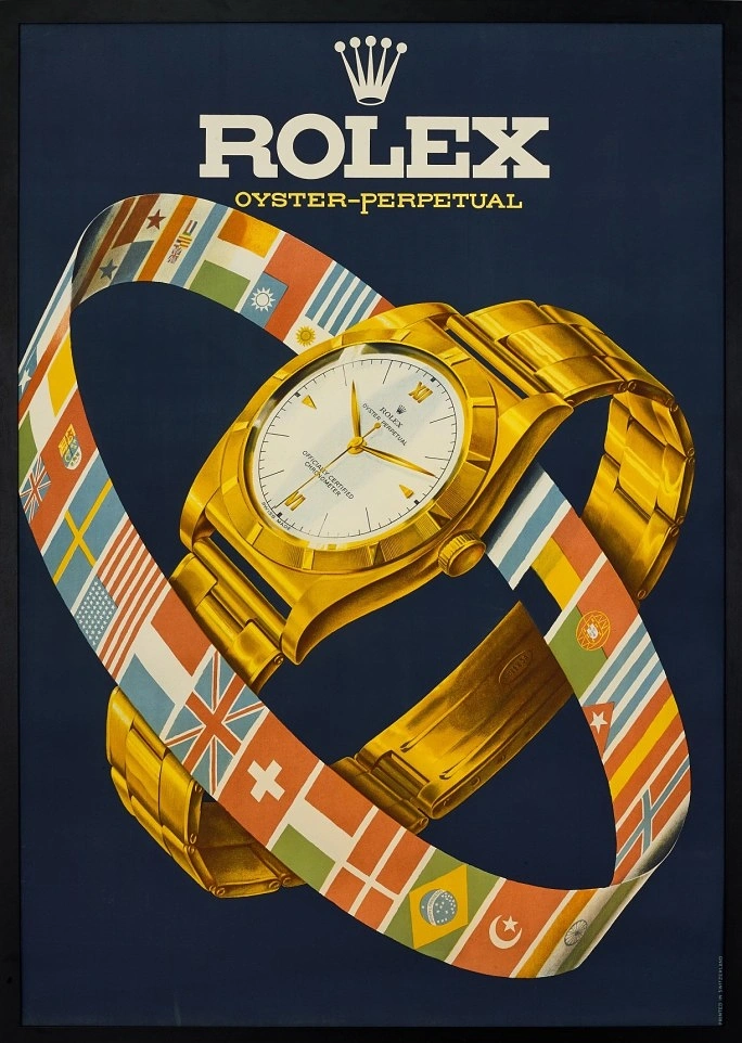 Creative ad: Gold watch encircled by a ribbon of international flags