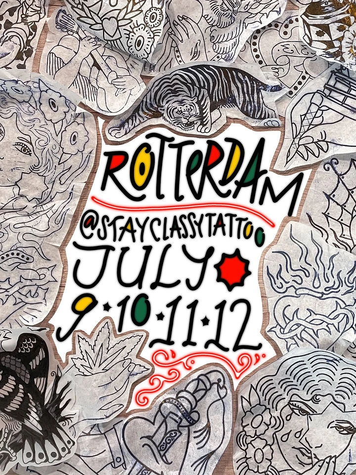 Tattoo Studios creative ad: Guest-spot poster framed by flash sheets