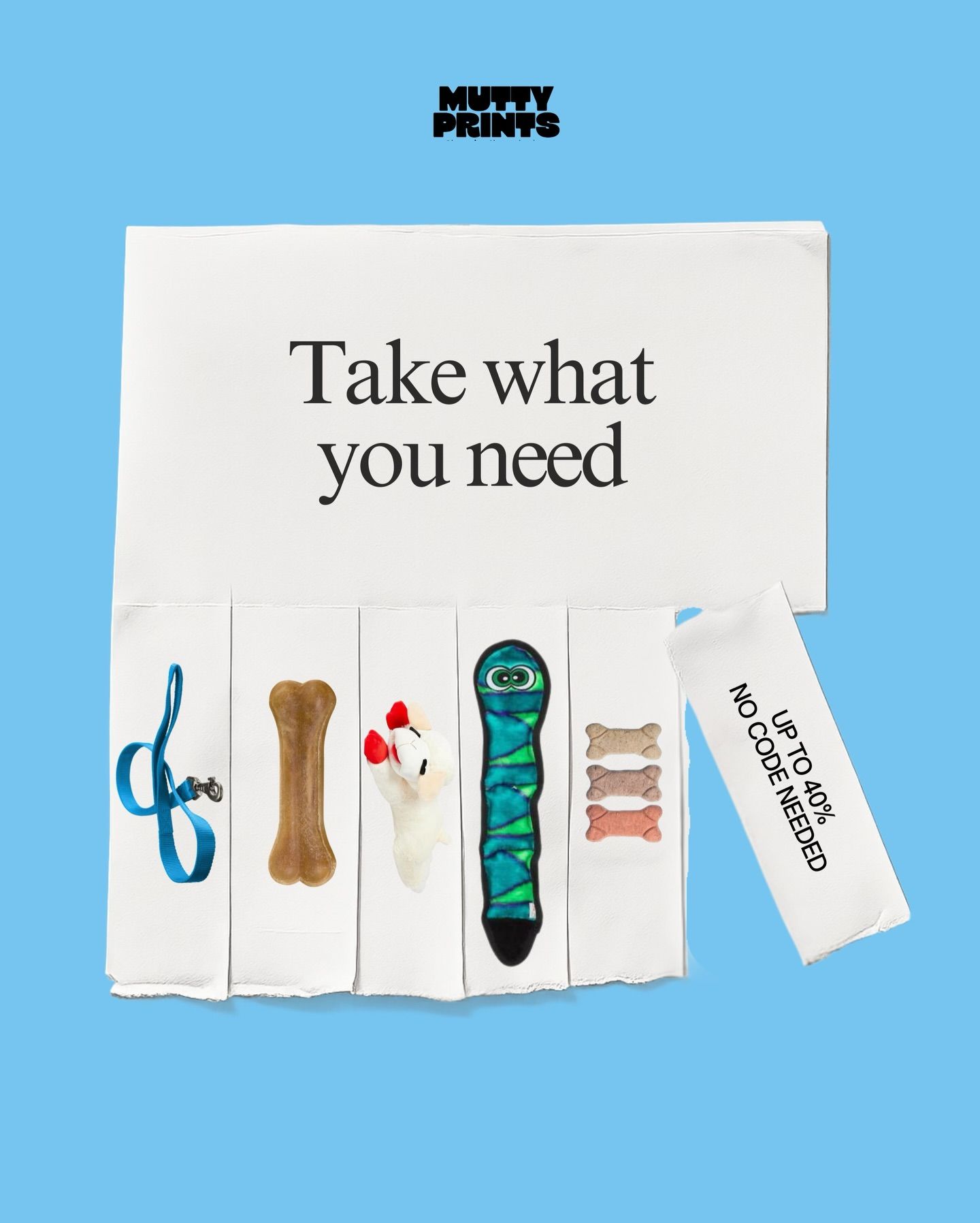 Tear-off paper flyer with pet products on each tab