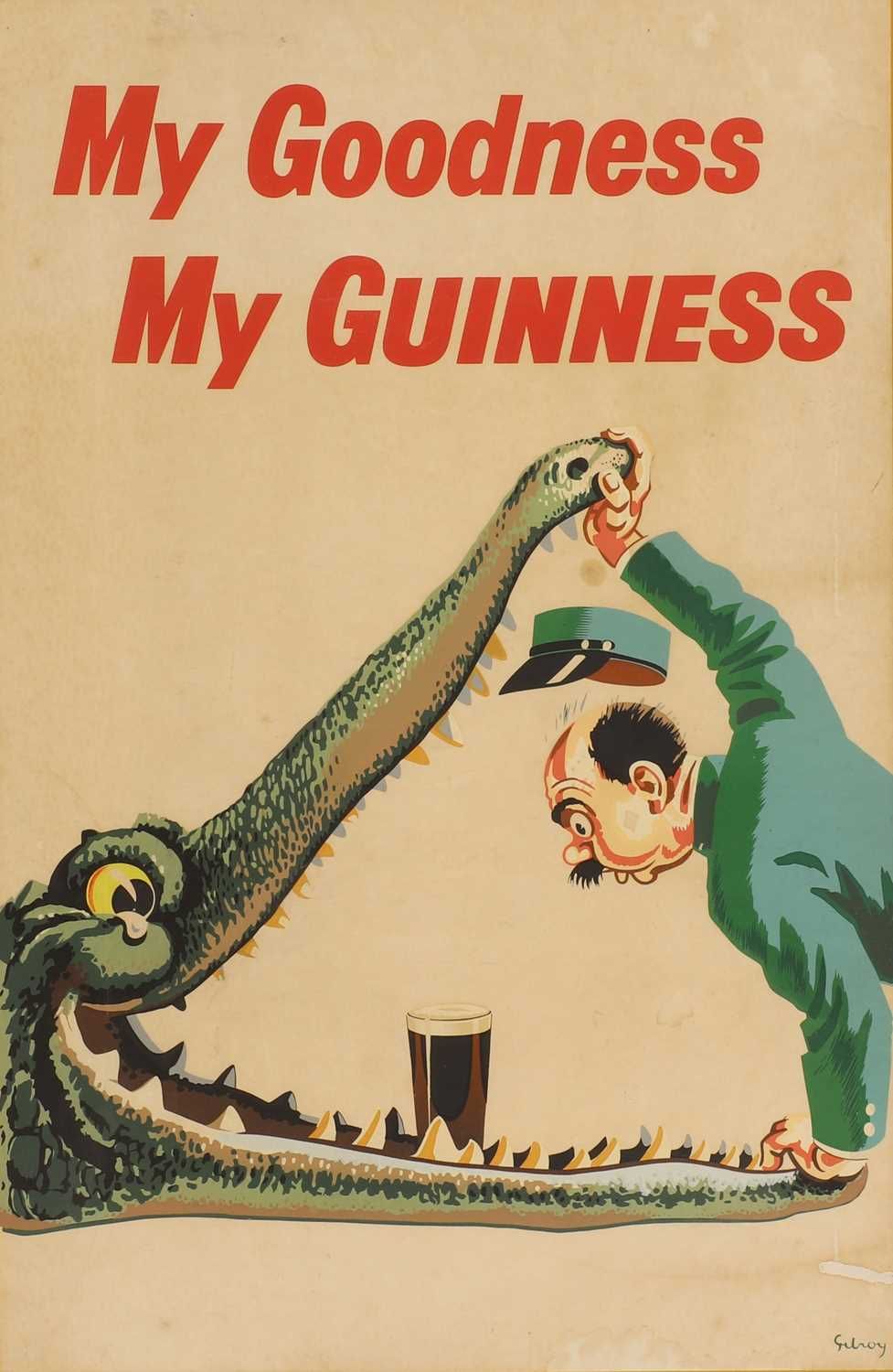 Zookeeper peering into crocodile's jaws at a pint of stout