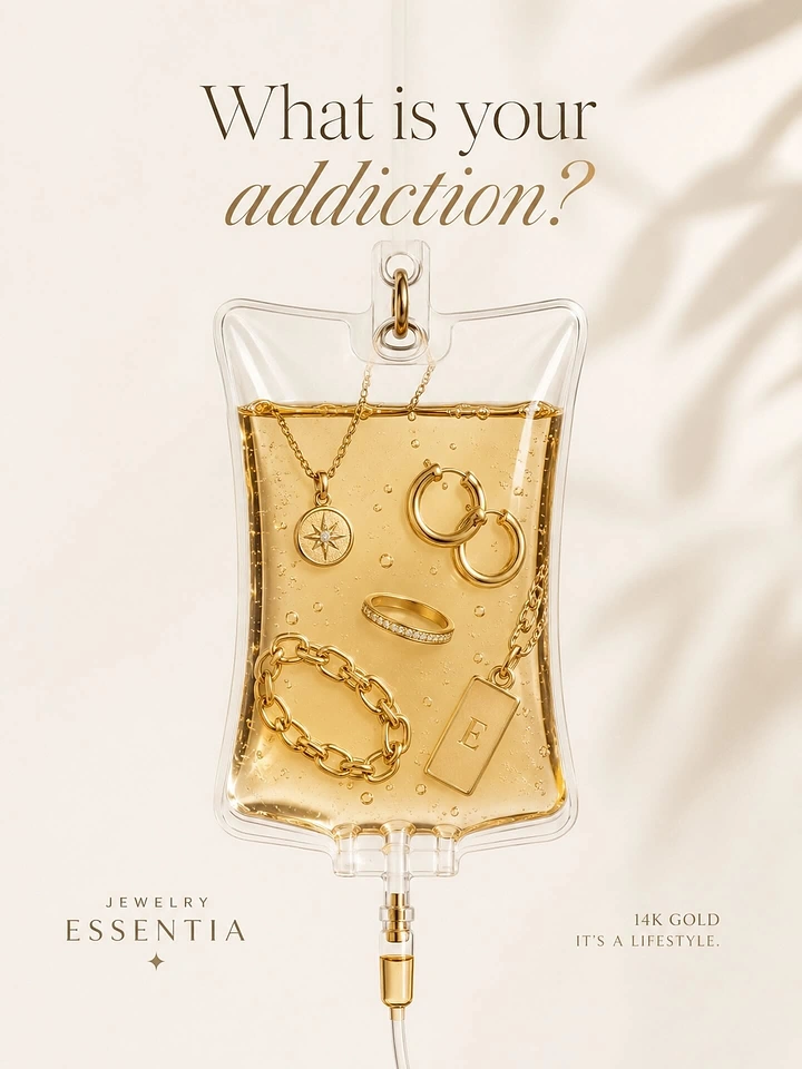 Jewellery creative ad: IV drip bag filled with gold jewellery in golden liquid