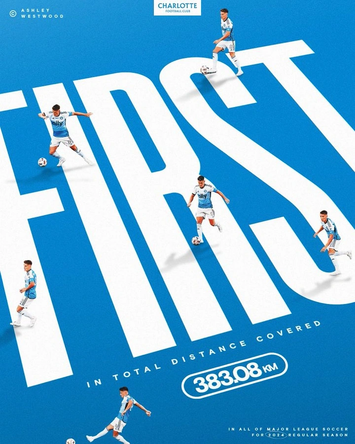 Sports creative ad: Repeated cutouts of one footballer running across giant word