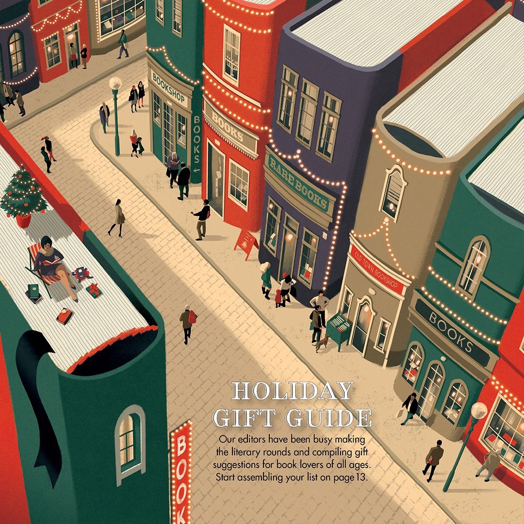Aerial view of a street where the buildings are giant books