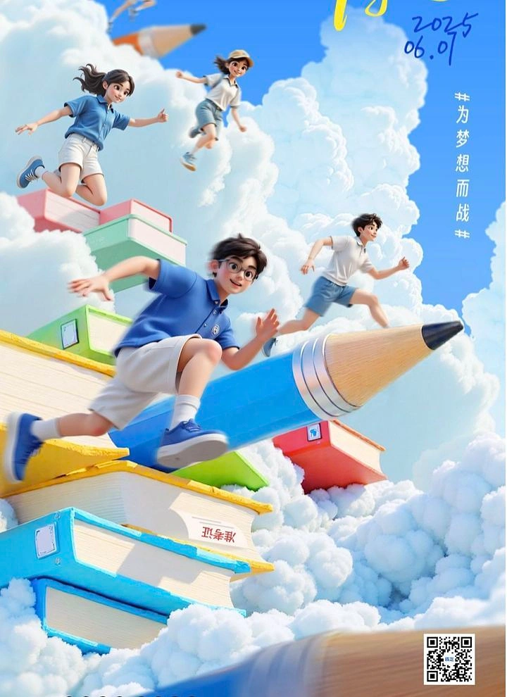 Children's Day creative ad: 3D students leaping across giant books and pencils in clouds