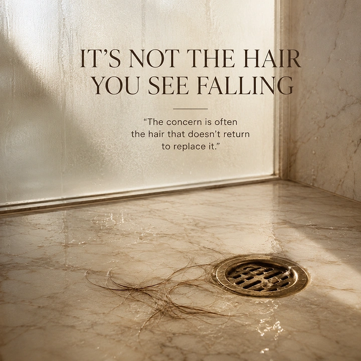 Hair Transplant & Hair Clinics creative ad: Shower drain hair, moody reframing copy