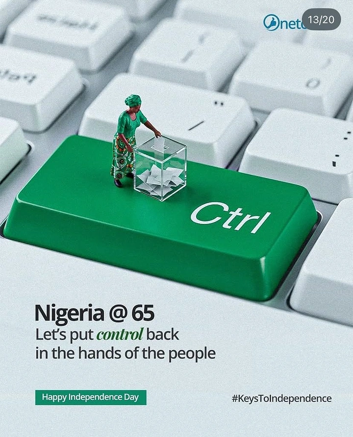 Independence Day creative ad: Miniature woman casting a vote on an oversized green Ctrl key