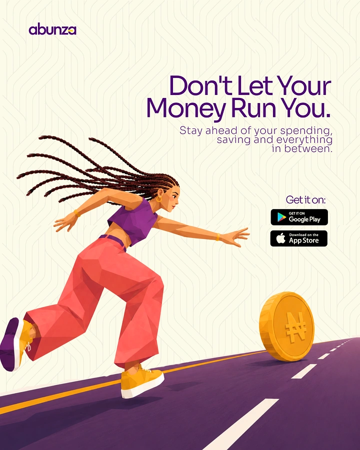 Creative ad: An illustrated woman in braids chasing a rolling gold naira coin on a purple road