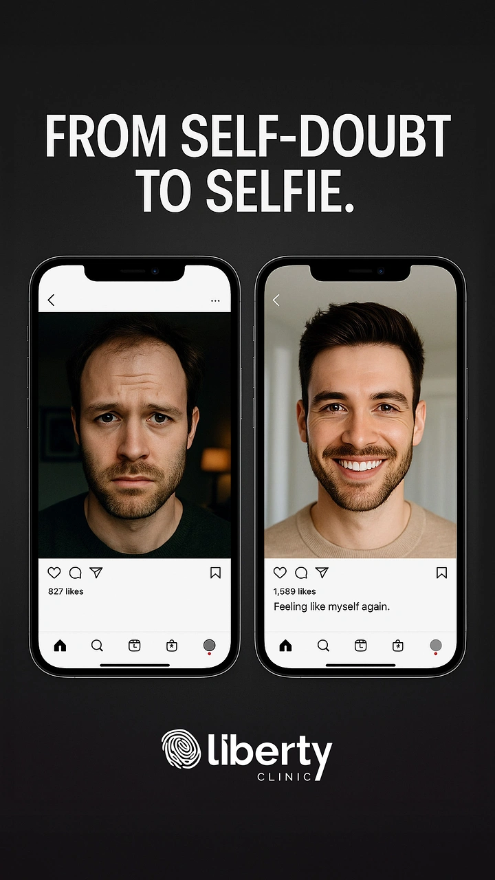 Hair Transplant & Hair Clinics creative ad: Self-doubt to selfie phone before/after
