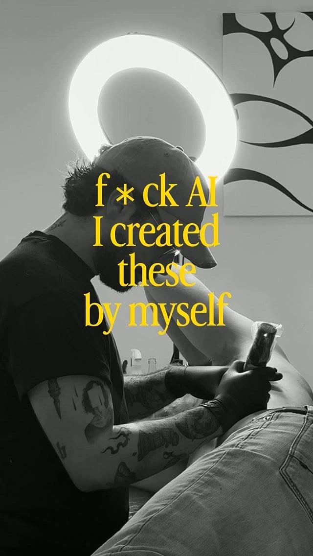 Tattoo Studios creative ad: Ring-light halo, witty anti-AI handmade copy