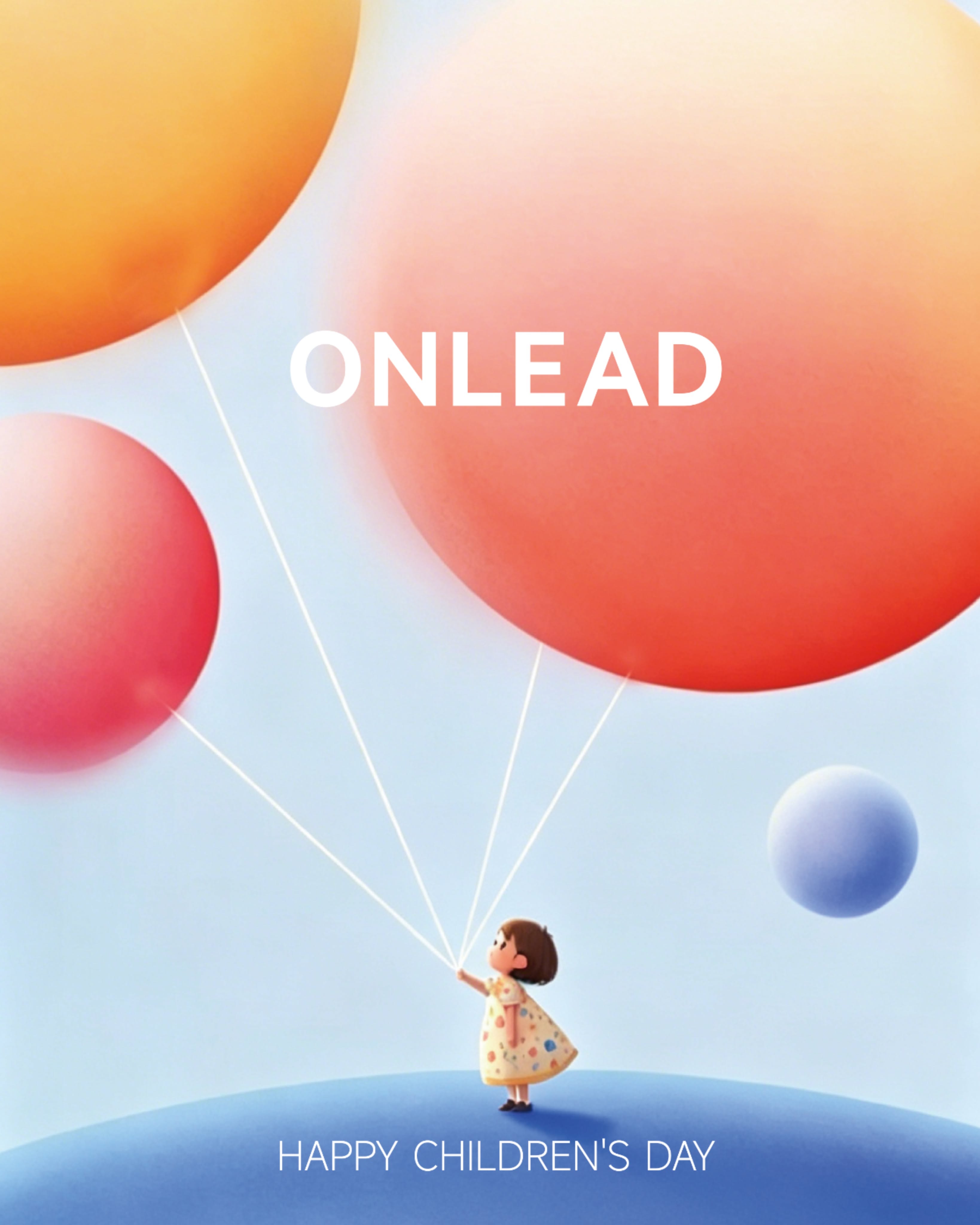 Tiny girl holding strings of giant floating balloons