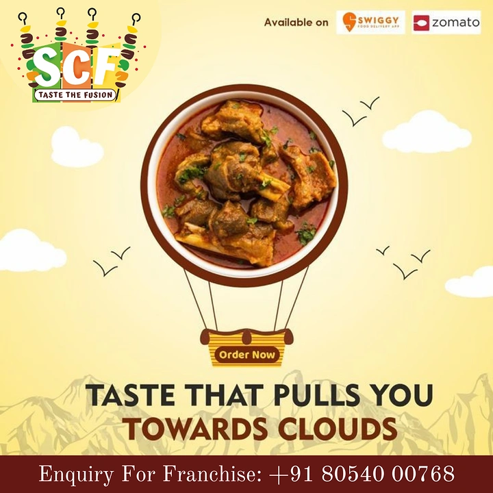 Cloud Kitchens & Food Trucks creative ad: Curry bowl as hot-air balloon to clouds