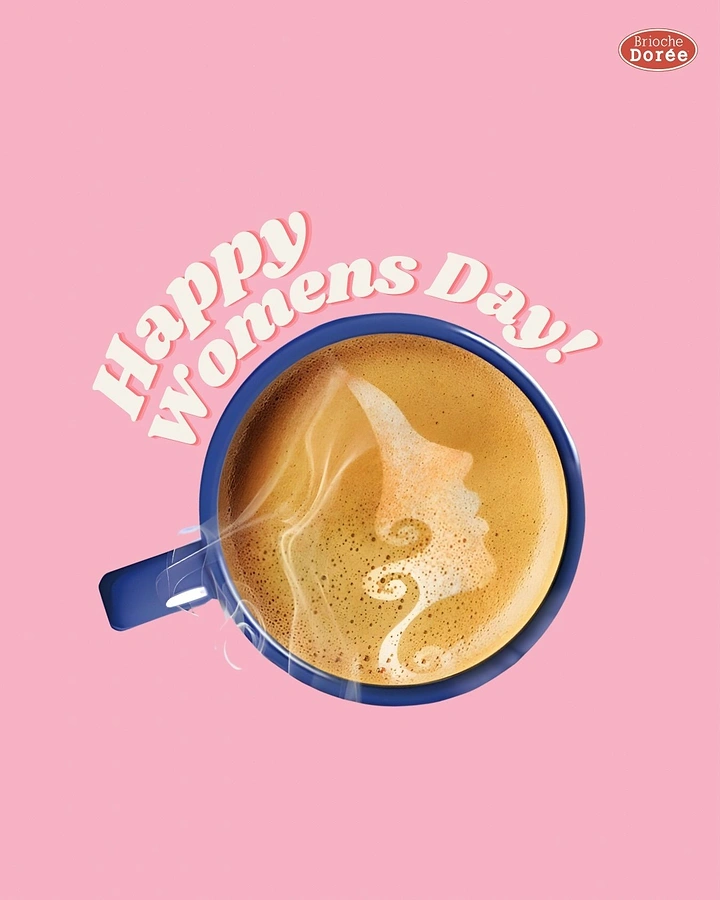 Women's Day creative ad: Top-down cappuccino with a woman's profile in the foam